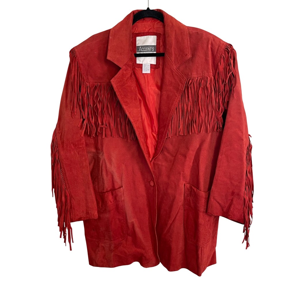 Accent's On Outerwear Vintage Red Suede Leather Western Fringe Jacket 1X Plus